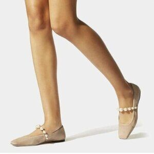 FOWT Women Square Toe Slip on Flats Pearl Studded Strap Elegant Pumps Nude